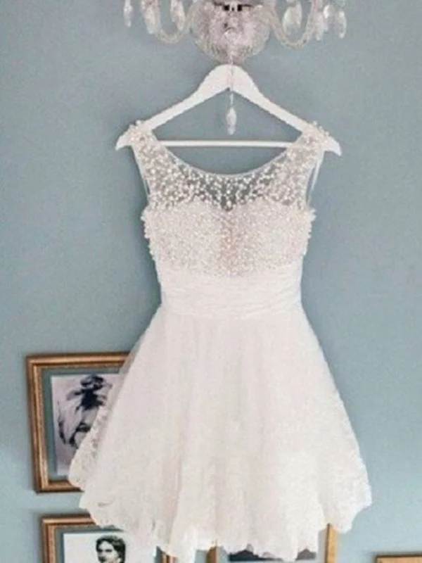Discount Mania Round Neck White Short Lace Prom Dresses, White Short Lace Homecoming Dresses/Graduation Dress Discount Mania Round Neck White Short Lace Prom Dresses, White Short Lace Homecoming Dresses/Graduation Dress