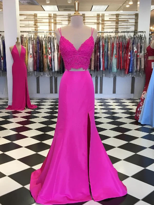 Year-End Sale V Neck Two Pieces Mermaid Lace Satin Fuchsia Prom Dresses with Leg Slit, Fuchsia Mermaid Formal Dresses, Fuchsia Lace Evening Dresses Year-End Sale V Neck Two Pieces Mermaid Lace Satin Fuchsia Prom Dresses with Leg Slit, Fuchsia Mermaid Formal Dresses, Fuchsia Lace Evening Dresses