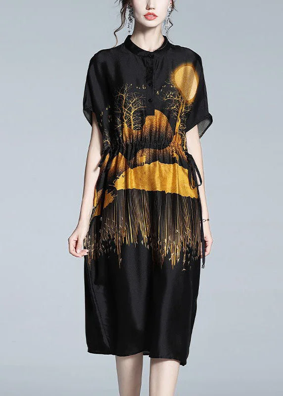 Don't Wait Boutique Black Stand Collar Print Drawstring Silk Dresses Summer