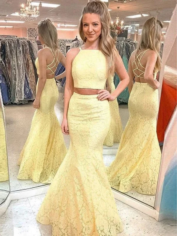 Inventory Reduction Two Pieces Mermaid Yellow Lace Prom Dresses, Two Pieces Mermaid Yellow Formal Dresses, Two Pieces Lace Yellow Evening Dresses