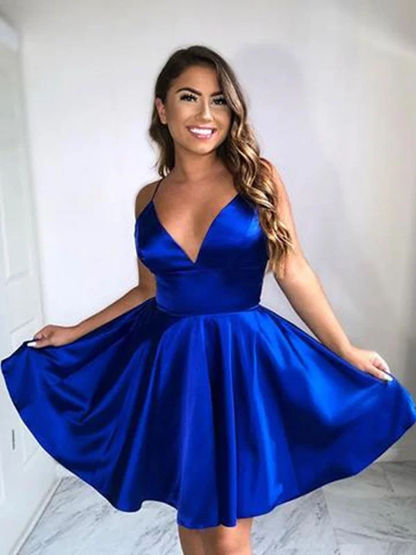 flowy evening dressflowy evening dressV Neck Blue Short Prom Dresses, Blue Homecoming Dresses, Blue Graduation Dresses