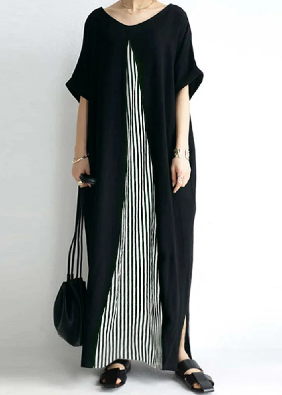 lace-up dresslace-up dressPocket Short Sleeve Splicing Striped Color Black Maxi Dress