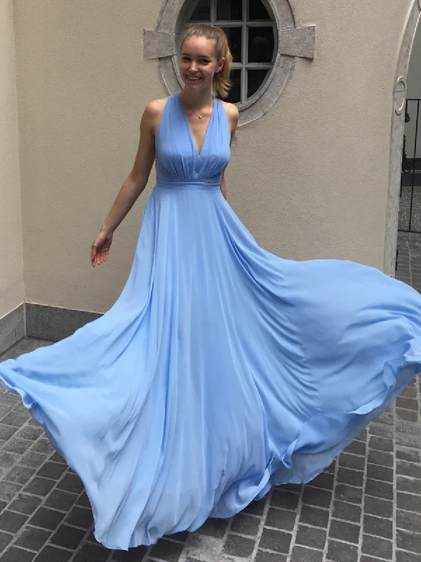 Limited Quantity Simple A Line V Neck Light Blue Long Prom Dresses, Light Blue Formal Graduation Evening Dresses, Blue Bridesmaid Dresses