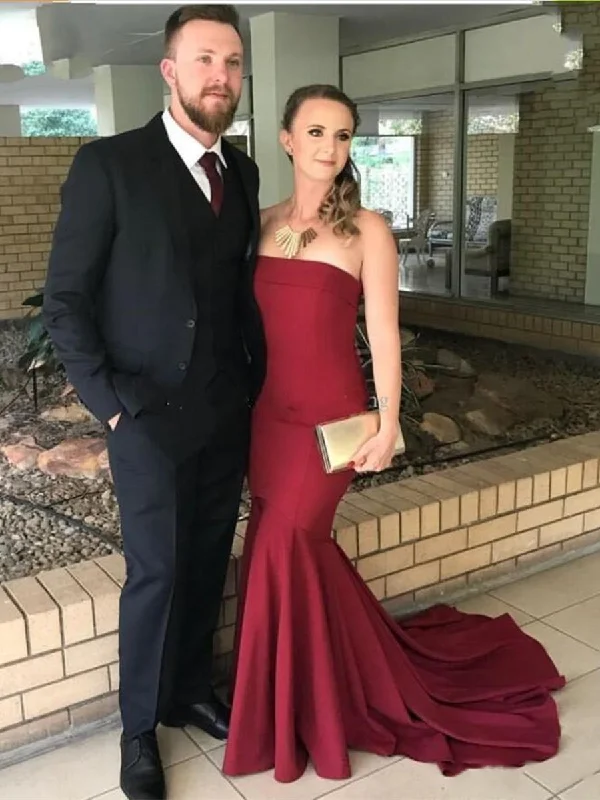 Big Discounts Strapless Mermaid Burgundy Prom Dresses with Sweep Train, Strapless Mermaid Burgundy Bridesmaid Dresses, Mermaid Burgundy Formal Graudation Evening Dresses