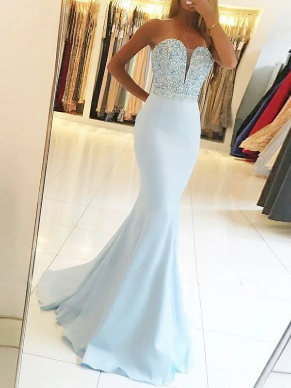 Reduced Prices Mermaid Strapless Backless Beaded Light Blue Long Prom Dresses, Light Blue Mermaid Formal Dresses, Evening Dresses
