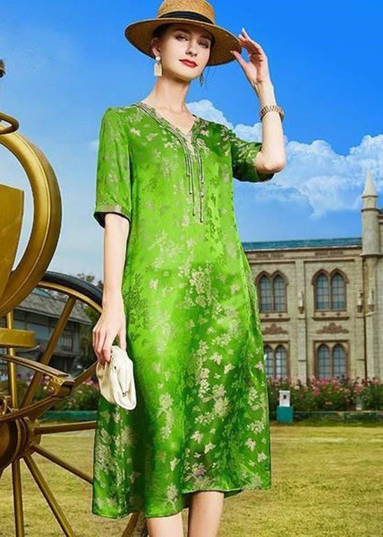 A-line dressA-line dressDIY Green V Neck Tasseled Print Patchwork Silk Dresses Summer