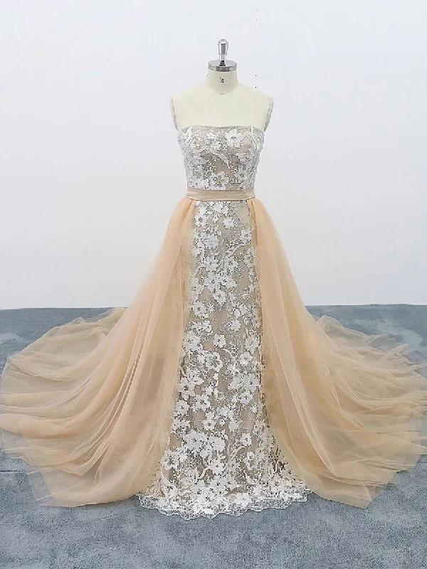 Limited Edition Strapless Champagne Lace Long Prom Dresses with Train, Open Back Champagne Lace Formal Dresses, Champagne Lace Evening Dresses Limited Edition Strapless Champagne Lace Long Prom Dresses with Train, Open Back Champagne Lace Formal Dresses, Champagne Lace Evening Dresses