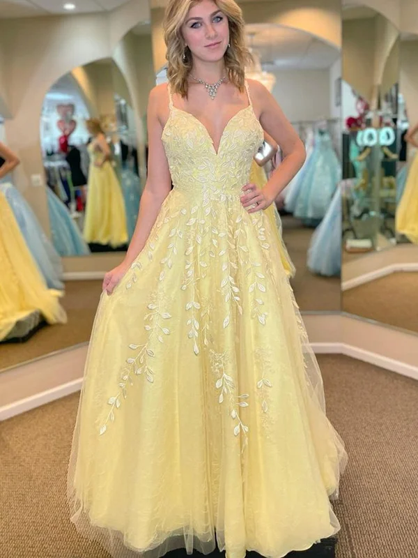 structured dressstructured dressA Line V Neck Open Back Yellow Lace Tulle Long Prom Dresses with Appliques, Yellow Lace Formal Graduation Evening Dresses SP2340