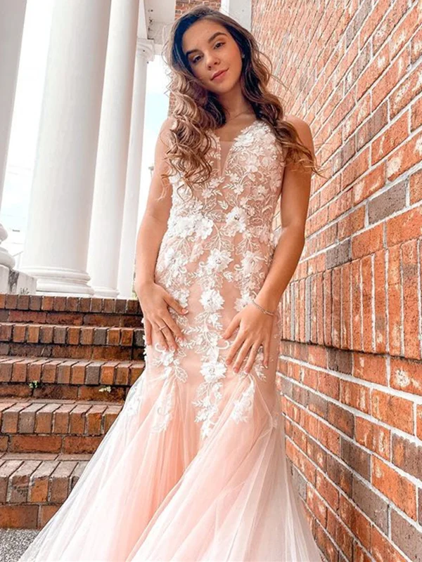 Deal of the Day Mermaid V Neck Open Back Pink Lace Floral Long Prom Dresses, Mermaid Pink Lace Formal Dresses, Pink Lace Evening Dresses