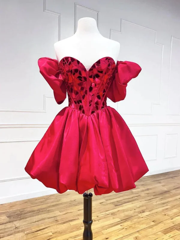 velvet dressvelvet dressOff Shoulder Red Sequin Short Prom Dresses, Off the Shoulder Homecoming Dresses, Red Formal Graduation Evening Dresses SP2715