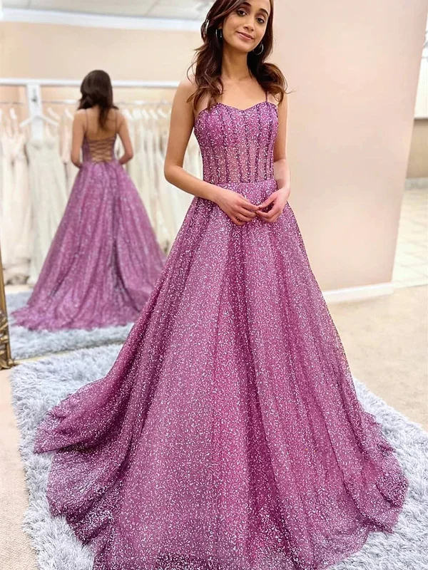 Final Markdown Sweetheart Neck Open Back Purple Tulle Long Prom Dresses, Sparkly Purple Formal Evening Dresses SP2389
