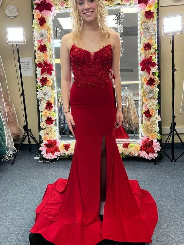 flowy maxi dressflowy maxi dressStrapless Mermaid Red Lace Long Prom Dresses with High Slit, Mermaid Red Formal Dresses, Red Lace Evening Dresses SP2817