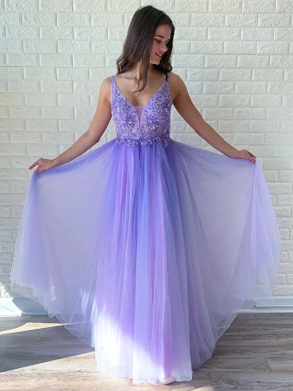 Incredible Offers Elegant V Neck Backless Beaded Lace Purple Long Prom Dresses, Backless Purple Formal Graduation Evening Dresses