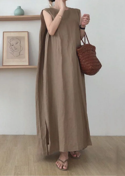 silk dresssilk dressSimple Coffee O Neck Patchwork Cotton Maxi Dress Sleeveless