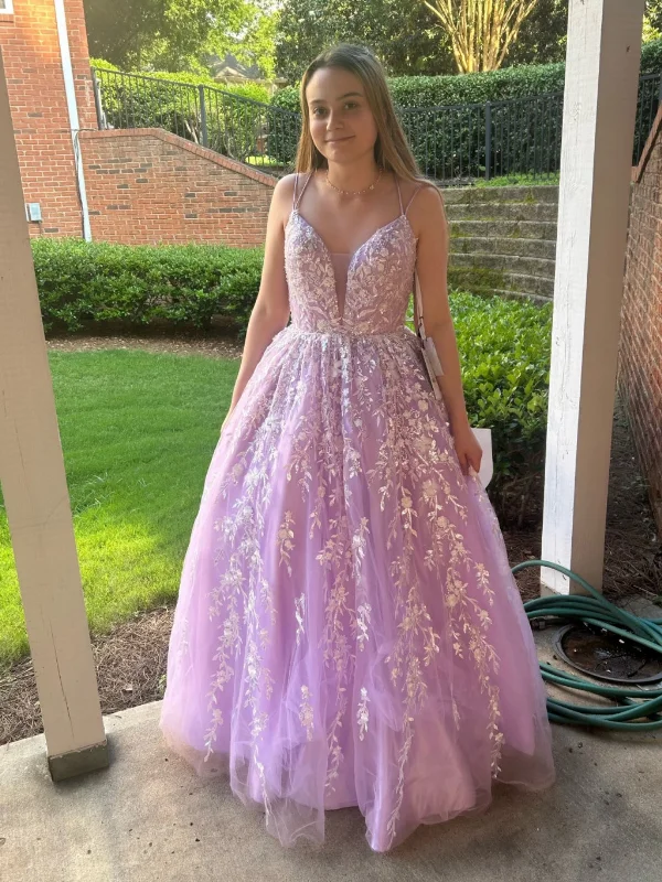 backless dressbackless dressShiny A Line V Neck Backless Lilac Lace Long Prom Dresses, Lilac Lace Formal Graduation Evening Dresses SP3028