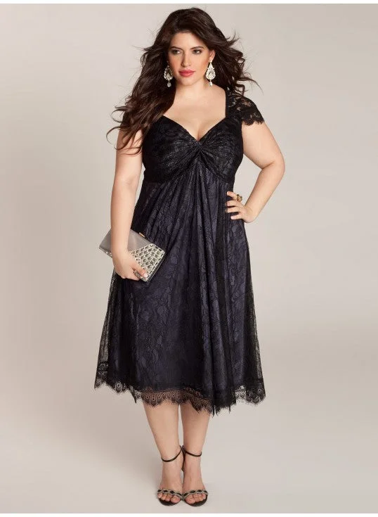 cocktail party dresscocktail party dressTea Length Cap Straps Black Lace Plus Size Evening Dress