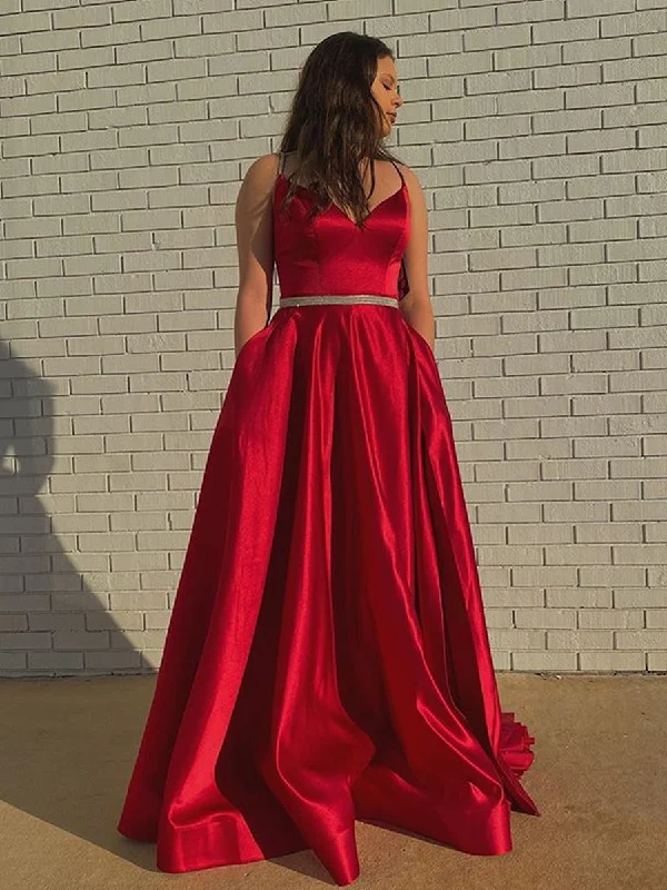 Limited Time Discount A Line V Neck Red Satin Long Prom Dresses with Belt, V Neck Red Formal Dresses, Red Evening Dresses Limited Time Discount A Line V Neck Red Satin Long Prom Dresses with Belt, V Neck Red Formal Dresses, Red Evening Dresses