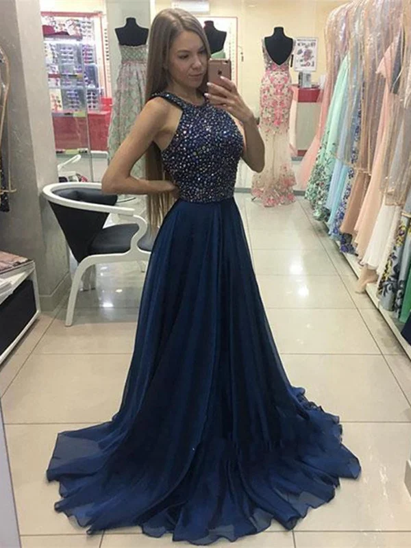 Best Seller Custom Made A Line Dark Blue Chiffon Prom Dresses With Beads, Dark Blue Formal Dresses Best Seller Custom Made A Line Dark Blue Chiffon Prom Dresses With Beads, Dark Blue Formal Dresses