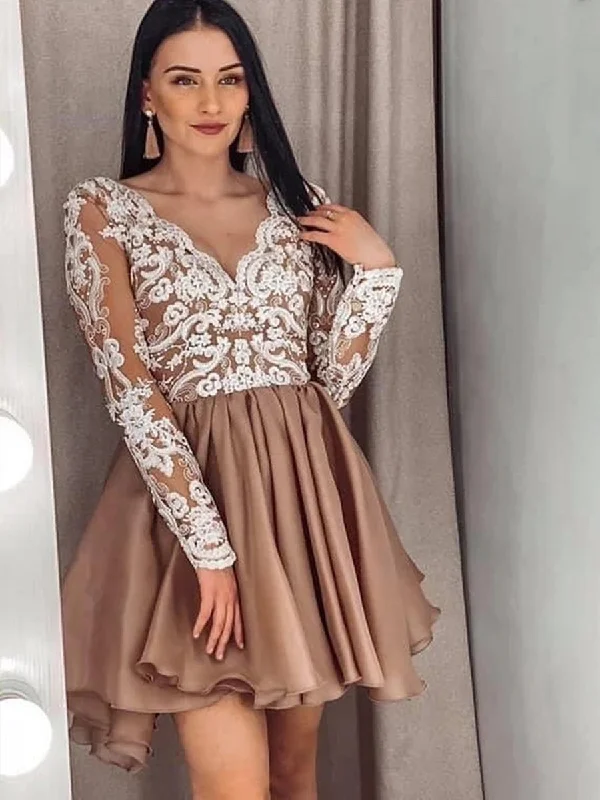 sophisticated dresssophisticated dressLong Sleeves V Neck Short Champagne Lace Prom Dresses, Champagne Lace Formal Graduation Homecoming Dresses