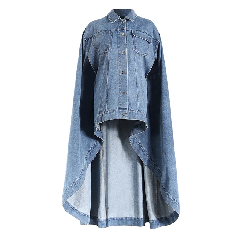 Today’s Deal Offbeat Collared Single Breasted Oversized High Low Denim Cape Jacket
