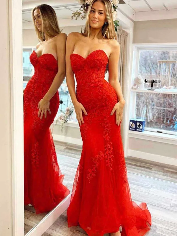 summer dresssummer dressStrapless Mermaid Red Lace Long Prom Dresses, Mermaid Red Formal Dresses, Red Lace Evening Dresses SP2878