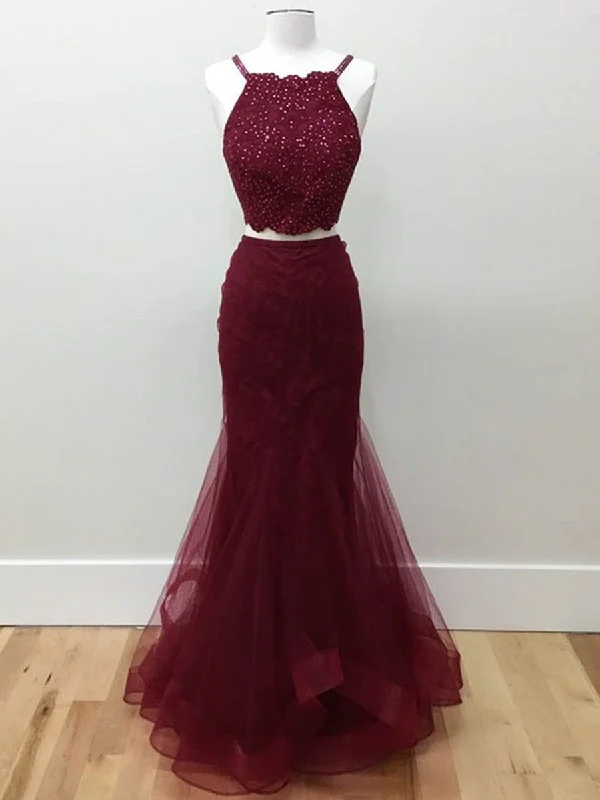Price Drop Two Pieces Halter Neck Mermaid Tulle Maroon Prom Dresses with Beadings, Maroon Formal Dresses, Evening Dresses Price Drop Two Pieces Halter Neck Mermaid Tulle Maroon Prom Dresses with Beadings, Maroon Formal Dresses, Evening Dresses