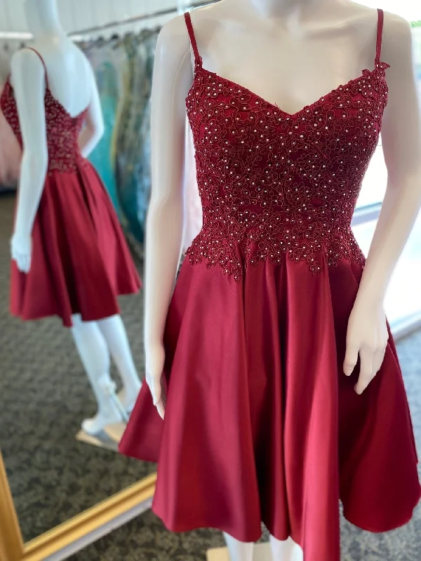 structured dressstructured dressV Neck Beaded Burgundy Lace Prom Dresses, Wine Red Lace Homecoming Dresses, Short Burgundy Formal Graduation Evening Dresses SP2697