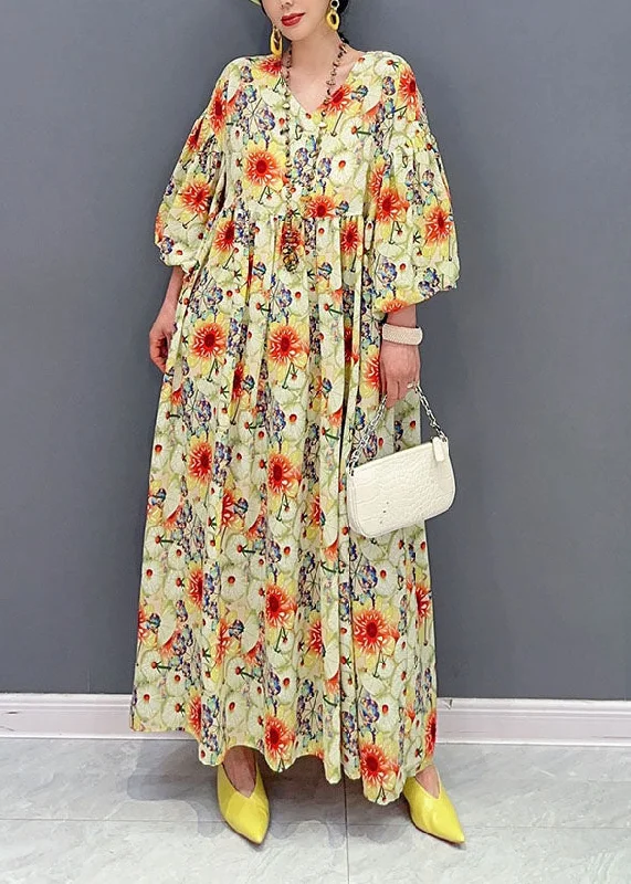 high-waisted dresshigh-waisted dressPlus Size Yellow Oversized Floral Print Cotton Robe Dresses Lantern Sleeve