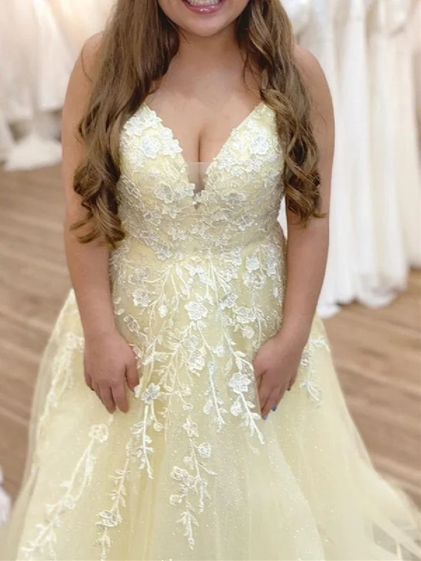 Price Meltdown V Neck Open Back Yellow Lace Floral Long Prom Dresses, Yellow Lace Formal Dresses, Yellow Evening Dresses