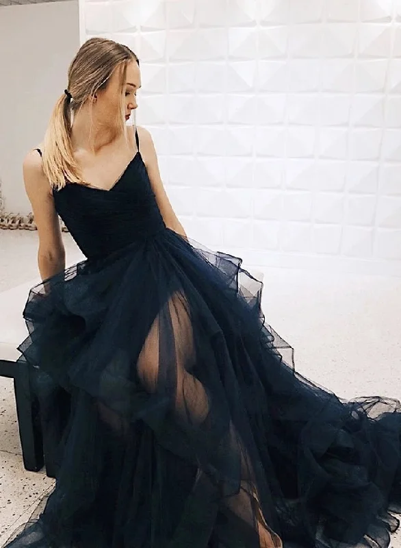 Big Discounts Princess V Neck Dark Navy Blue Tulle Long Prom Dresses, V Neck Dark Navy Blue Formal Dresses, Navy Blue Evening Dresses