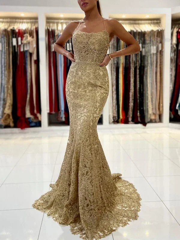 Loyalty Reward Mermaid Backless Golden Lace Long Prom Dresses, Mermaid Gold Formal Dresses, Golden Lace Evening Dresses
