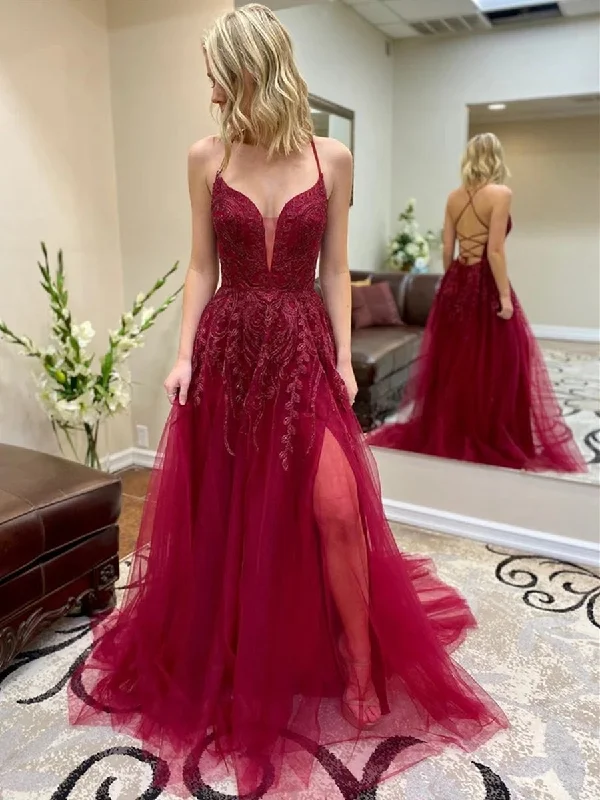 Low Prices A Line V Neck Backless Lace Long Burgundy Prom Dresses with Leg Slit, Backless Burgundy Lace Formal Dresses, Burgundy Lace Evening Dresses Low Prices A Line V Neck Backless Lace Long Burgundy Prom Dresses with Leg Slit, Backless Burgundy Lace Formal Dresses, Burgundy Lace Evening Dresses