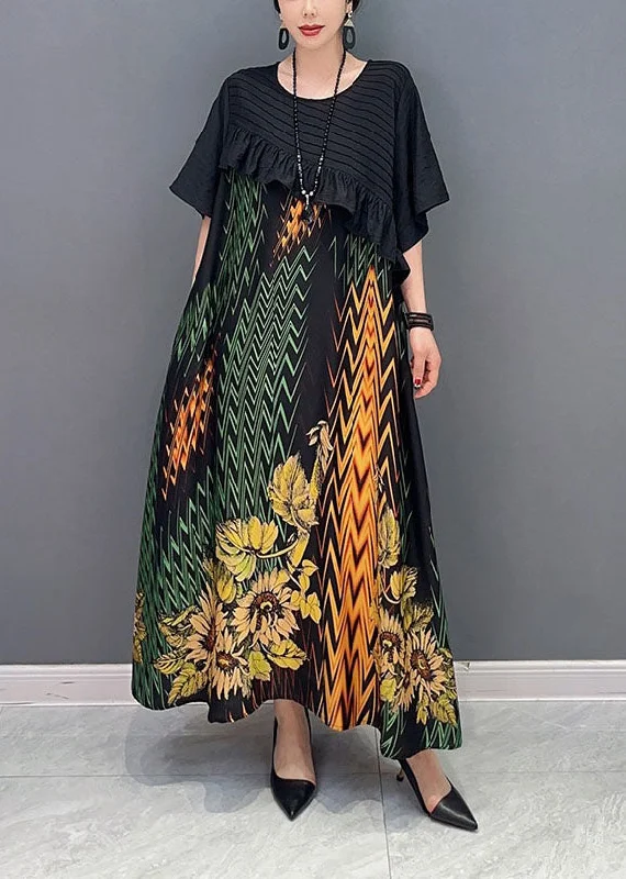 trendy wrap dresstrendy wrap dressWomen Black Print Patchwork Ruffled Silk Dress Summer