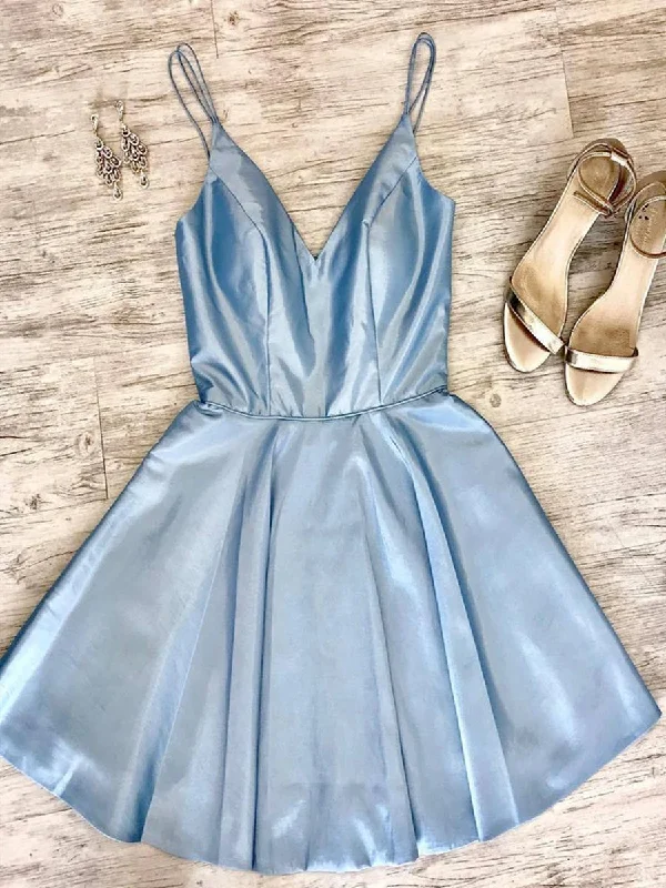 backless dressbackless dressA Line Spaghetti Straps V Neck Short Light Blue Prom Homecoming Dresses, Light Blue Formal Graduation Evening Dresses