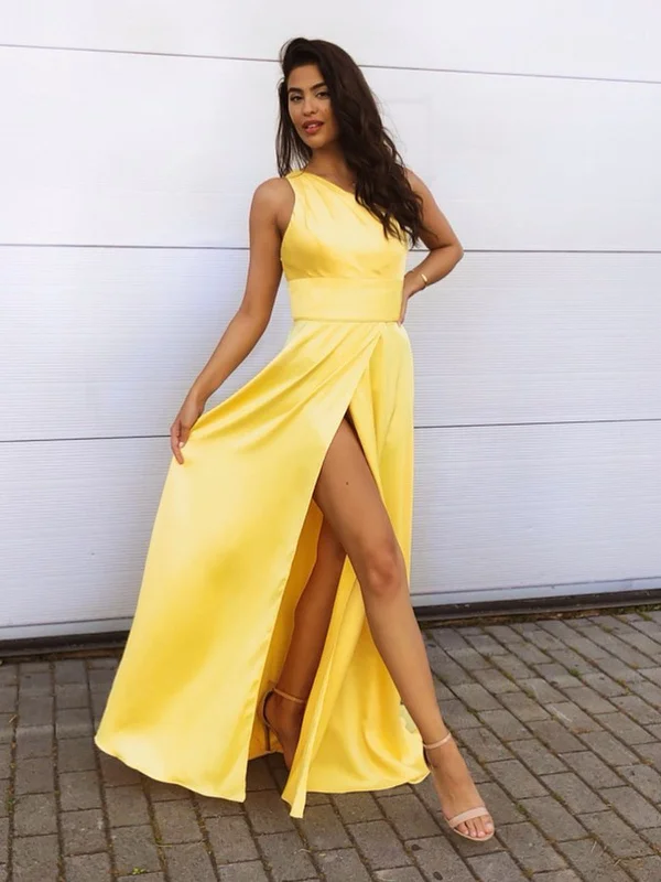 Unmissable Offer One Shoulder Yellow Satin Long Prom Dresses with High Slit, One Shoulder Yellow Formal Dresses, Yellow Evening Dresses