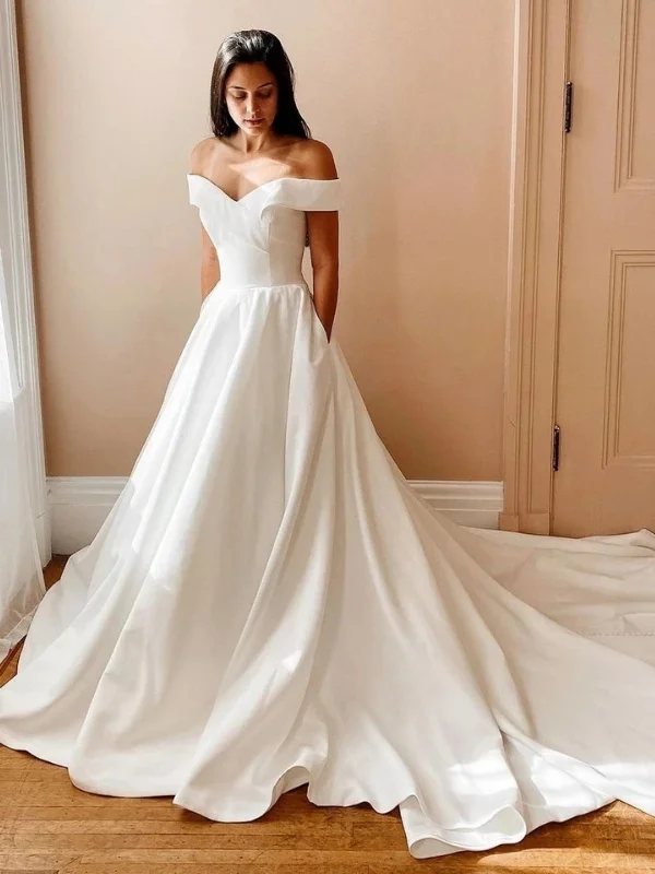 casual evening dresscasual evening dressOff the Shoulder White Satin Long Prom Dresses with Train, Off Shoulder White Formal Dresses, White Evening Dresses SP2699