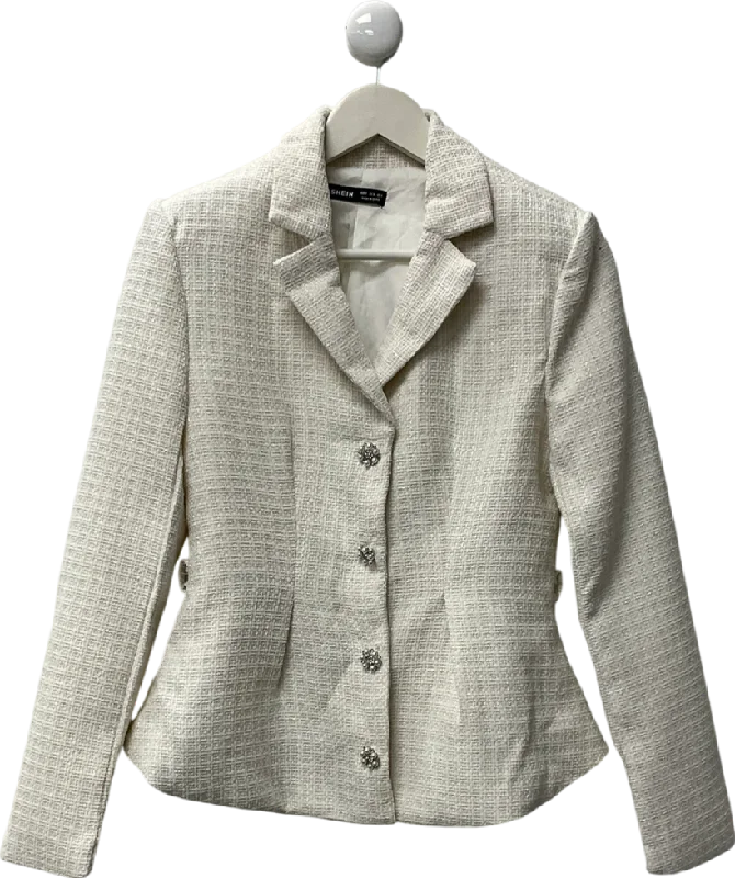 Extra Savings SHEIN White Raffinéa Women's Casual Tweed Blazer Jacket UK S