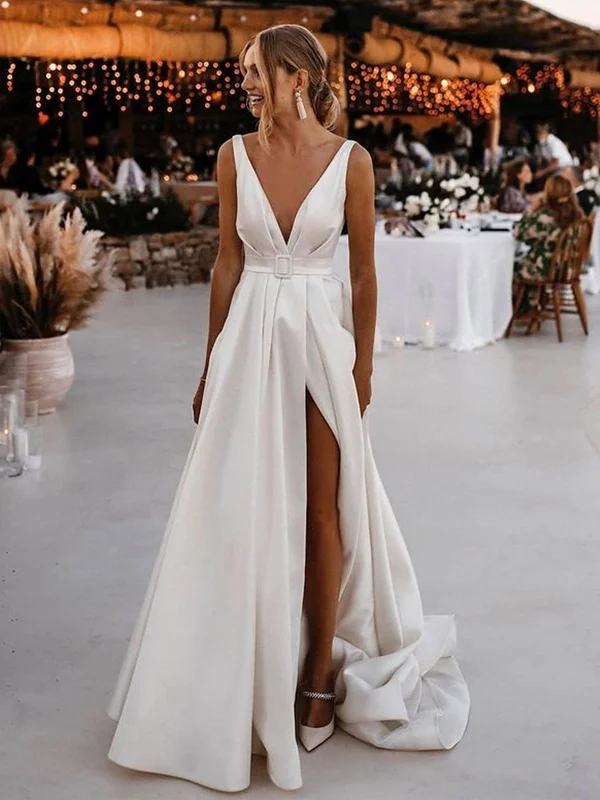 Friends and Family Sale V Neck and V Back White Satin Long Prom Dresses with High Slit, Open Back White Wedding Dresses, White Formal Evening Dresses