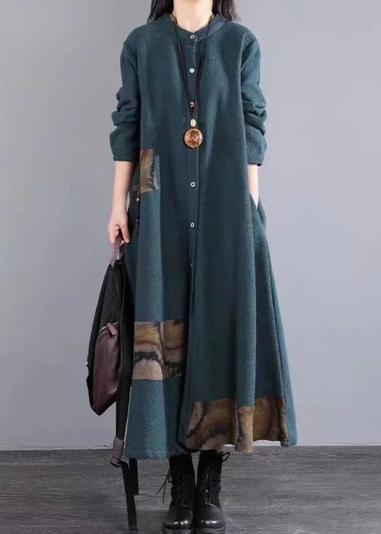 Discount Mania Blackish Green Pockets Patchwork Cotton Dress Stand Collar Fall