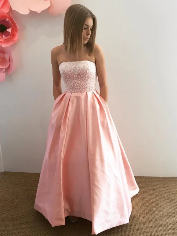 Weekend Special Strapless Lace Top Pink Satin Long Prom Dresses, Strapless Pink Lace Formal Dresses, Pink Lace Evening Dresses