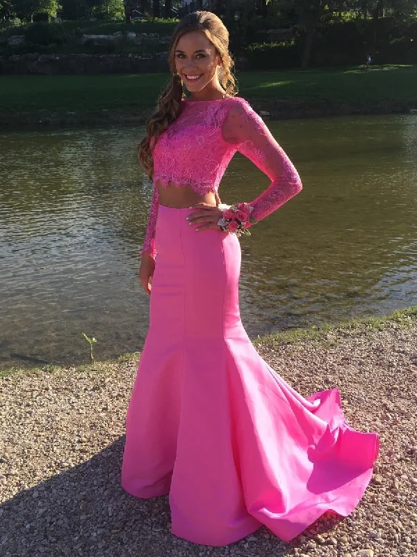 Flash Sale Hot Pink Long Sleeves Mermaid Two Pieces Lace Prom Dresses, Long Sleeves Mermaid Hot Pink Formal Dresses, Two Pieces Mermaid Hot Pink Evening Dresses
