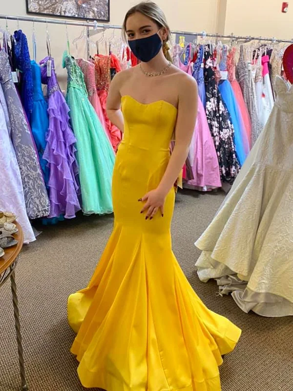 printed dressprinted dressStrapless Mermaid Yellow Satin Long Prom Dresses, Mermaid Yellow Formal Graduation Evening Dresses SP2381