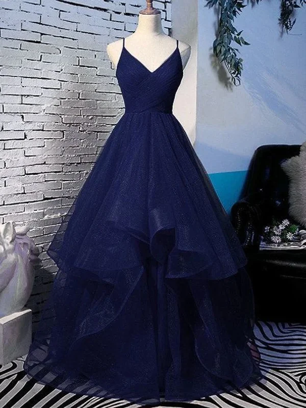 Take Advantage Shiny V Neck Navy Blue Long Prom Dresses, Fluffy Navy Blue Formal Evening Dresses, Sparkly Ball Gown Take Advantage Shiny V Neck Navy Blue Long Prom Dresses, Fluffy Navy Blue Formal Evening Dresses, Sparkly Ball Gown
