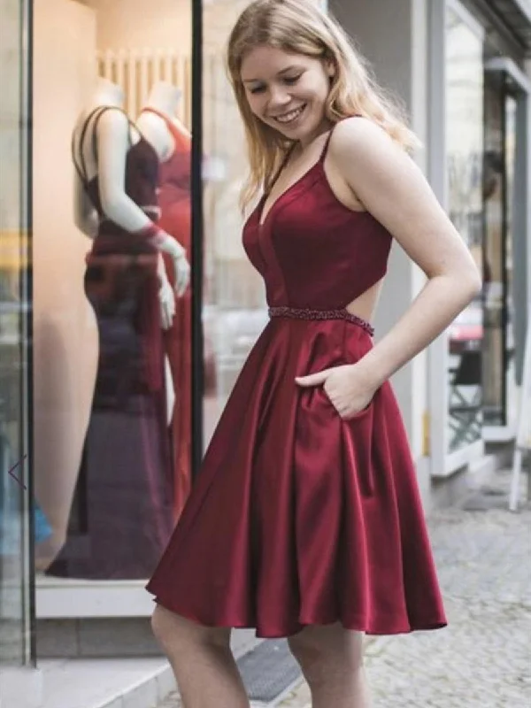 comfy dresscomfy dressA Line V Neck Short Burgundy Prom Dresses with Pocket, Short Burgundy Formal Graduation Homecoming Dresses, Burgundy Cocktail Dresses