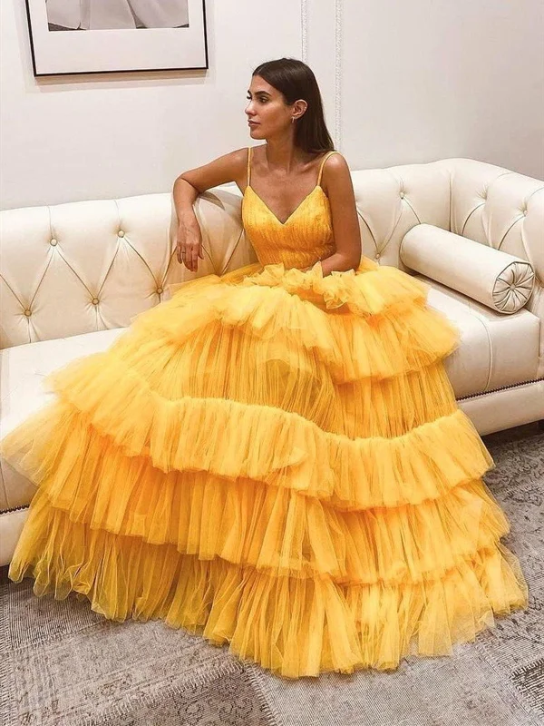 Super Bargain V Neck Backless Yellow Tulle Layered Long Prom Dresses, Layered Yellow Formal Evening Dresses