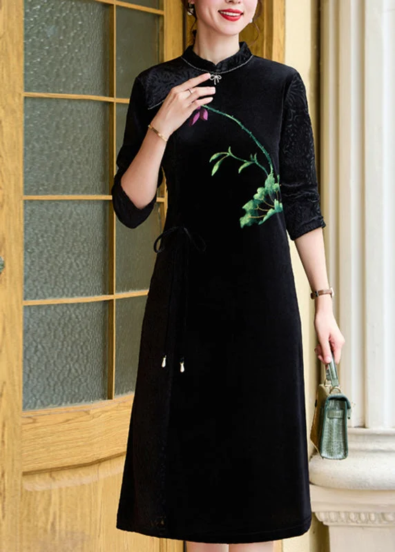 Limited Edition Vintage Black Print Tie waist Silk Velour Vacation Long Dresses Long Sleeve