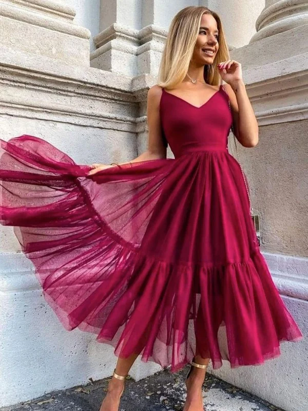 Flash Sale Simple V Neck Tea Length Burgundy Long Prom Dresses, V Neck Wine Red Formal Evening Dresses Flash Sale Simple V Neck Tea Length Burgundy Long Prom Dresses, V Neck Wine Red Formal Evening Dresses