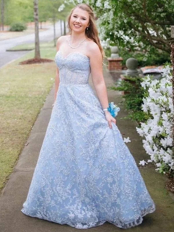 Doorbuster Deal A Line Sweetheart Neck Strapless Light Blue Lace Long Prom Dresses, Light Blue Lace Formal Graduation Evening Dresses Doorbuster Deal A Line Sweetheart Neck Strapless Light Blue Lace Long Prom Dresses, Light Blue Lace Formal Graduation Evening Dresses