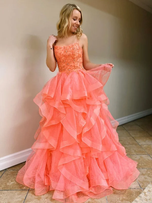 New Markdowns Princess Tulle Backless Lace Long Coral Prom Dresses with Beadings, Backless Coral Formal Dresses, Beaded Coral Evening Dresses New Markdowns Princess Tulle Backless Lace Long Coral Prom Dresses with Beadings, Backless Coral Formal Dresses, Beaded Coral Evening Dresses