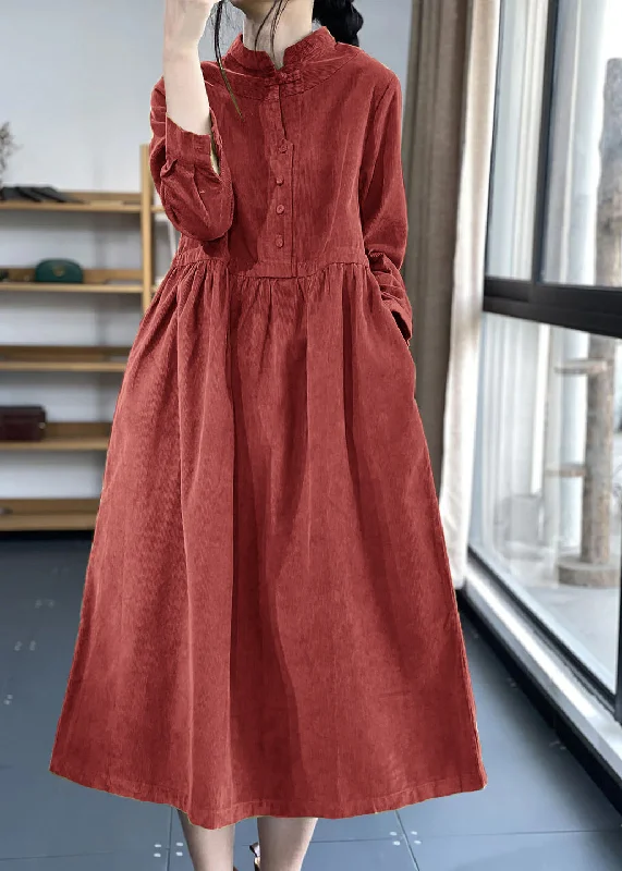 Super Sale Red Button Pockets Corduroy Dresses Winter
